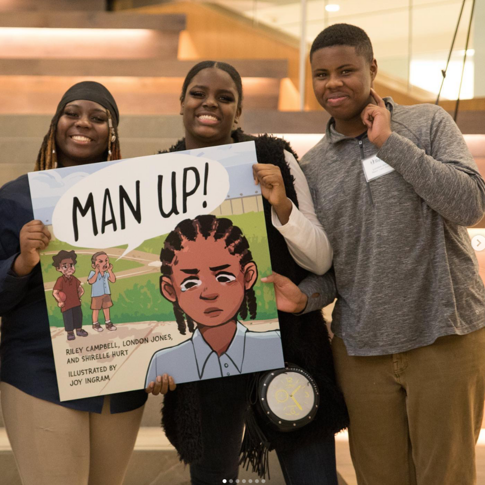 Riley Campbell, left, with “Man Up!” co-authors Shirelle Hurt and London Jones at their book release party in 2019. Photo courtesy of Campbell.