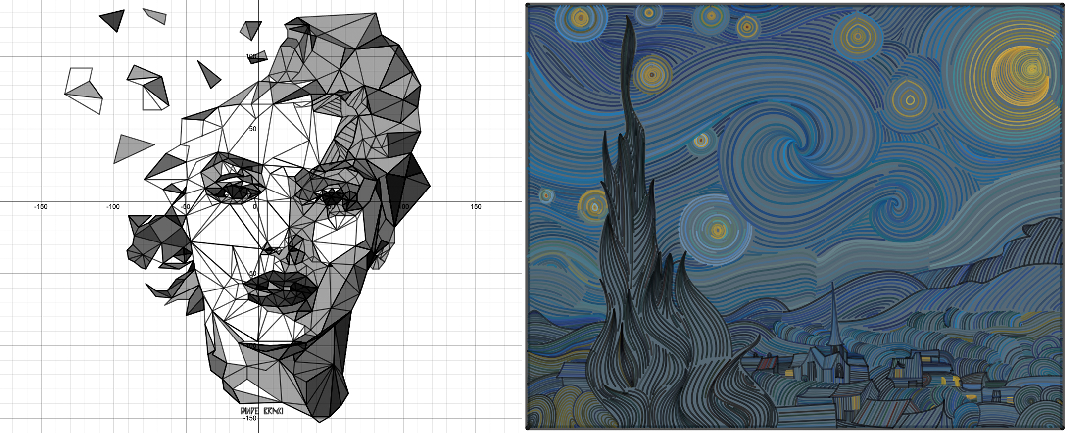 Desmos art contest submissions: “Marilyn” by Davide Bracci (left) and “A Bézier Night” by Alexander Manville Muench (right)