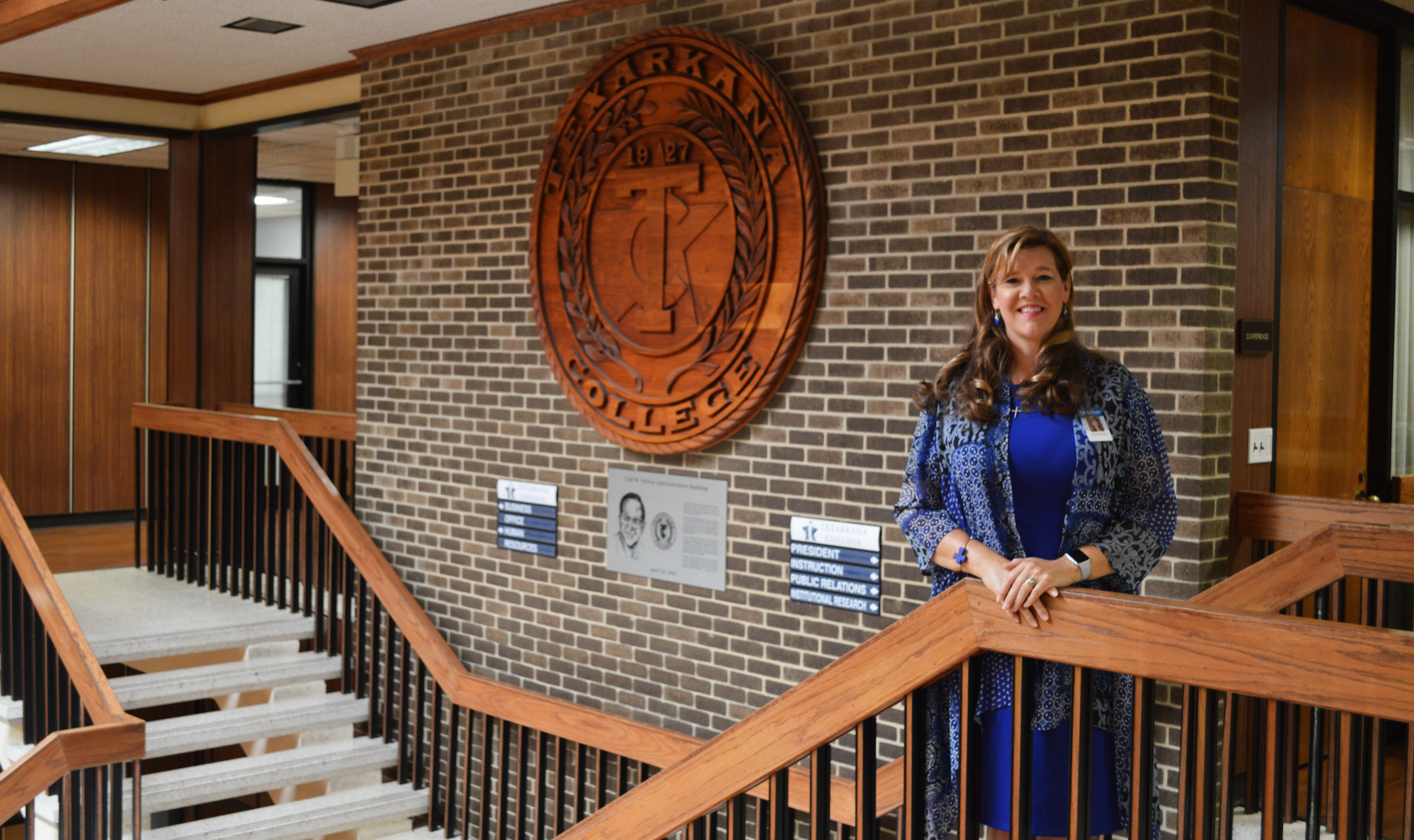 Vice President of Instruction and Texarkana College alumna, Donna McDaniel stands inside the Carl M. Nelson Administration Building at Texarkana College. (Photo credit: Sydney Johnson)