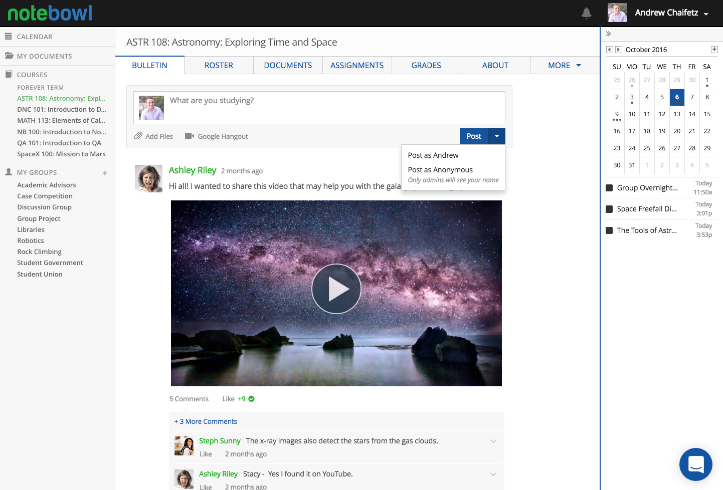 Each course page features a news bulletin that looks similar to a Facebook or LinkedIn newsfeed. Image Credit: Notebowl