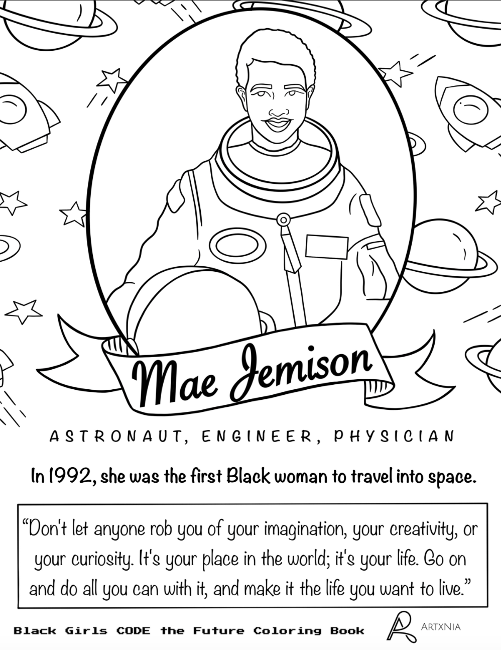 An illustration of astronaut Mae Jemison from the "Black Girls Code the Future" coloring book. Artwork courtesy of Nia Asemota.