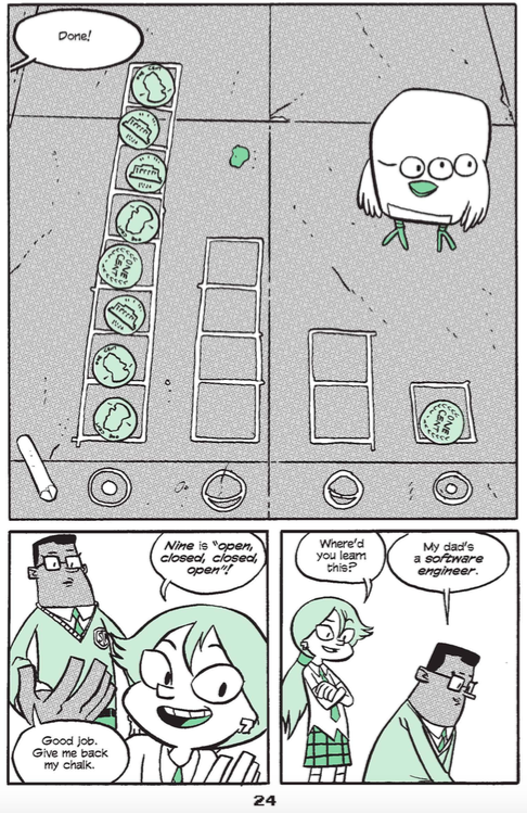 Hopper learns about binary numbers from Eni