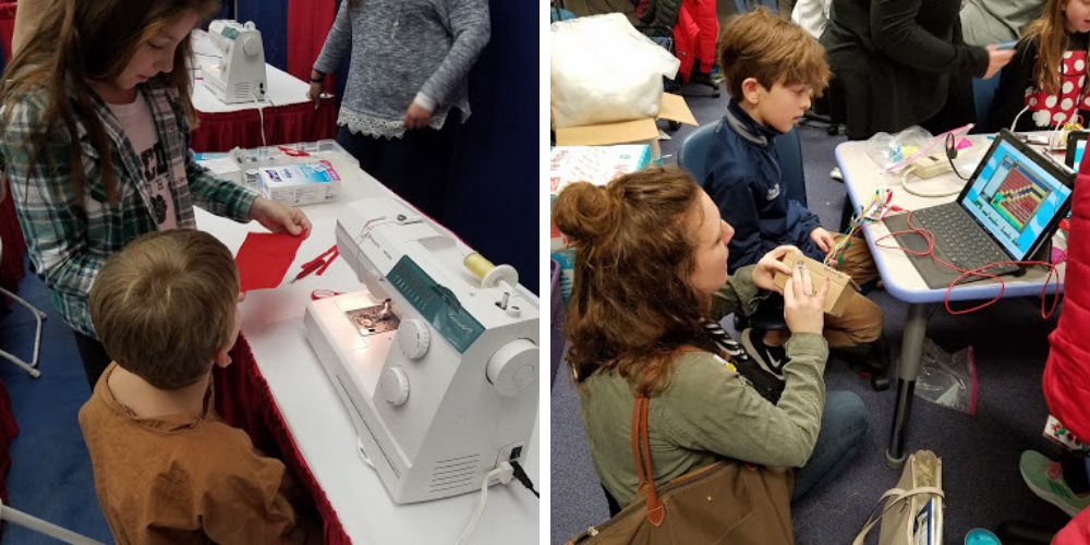 Left: LFCDS student runs sewing booth at Northern Illinois University’s Mini Maker Faire, Right: LFCDS student teaches educators about game creation and how to use Makey Makeys at educator conference (Image Credit: Greg McDonough)
