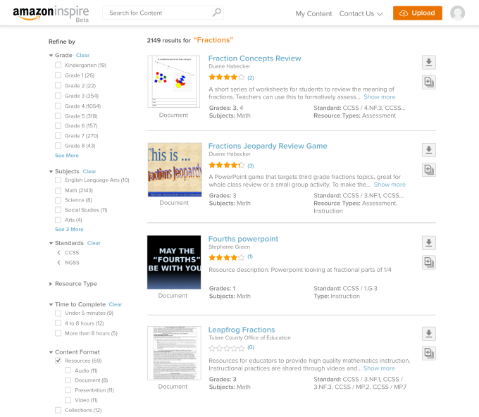 The search capabilities of Amazon Inspire. (Source: Amazon Education)