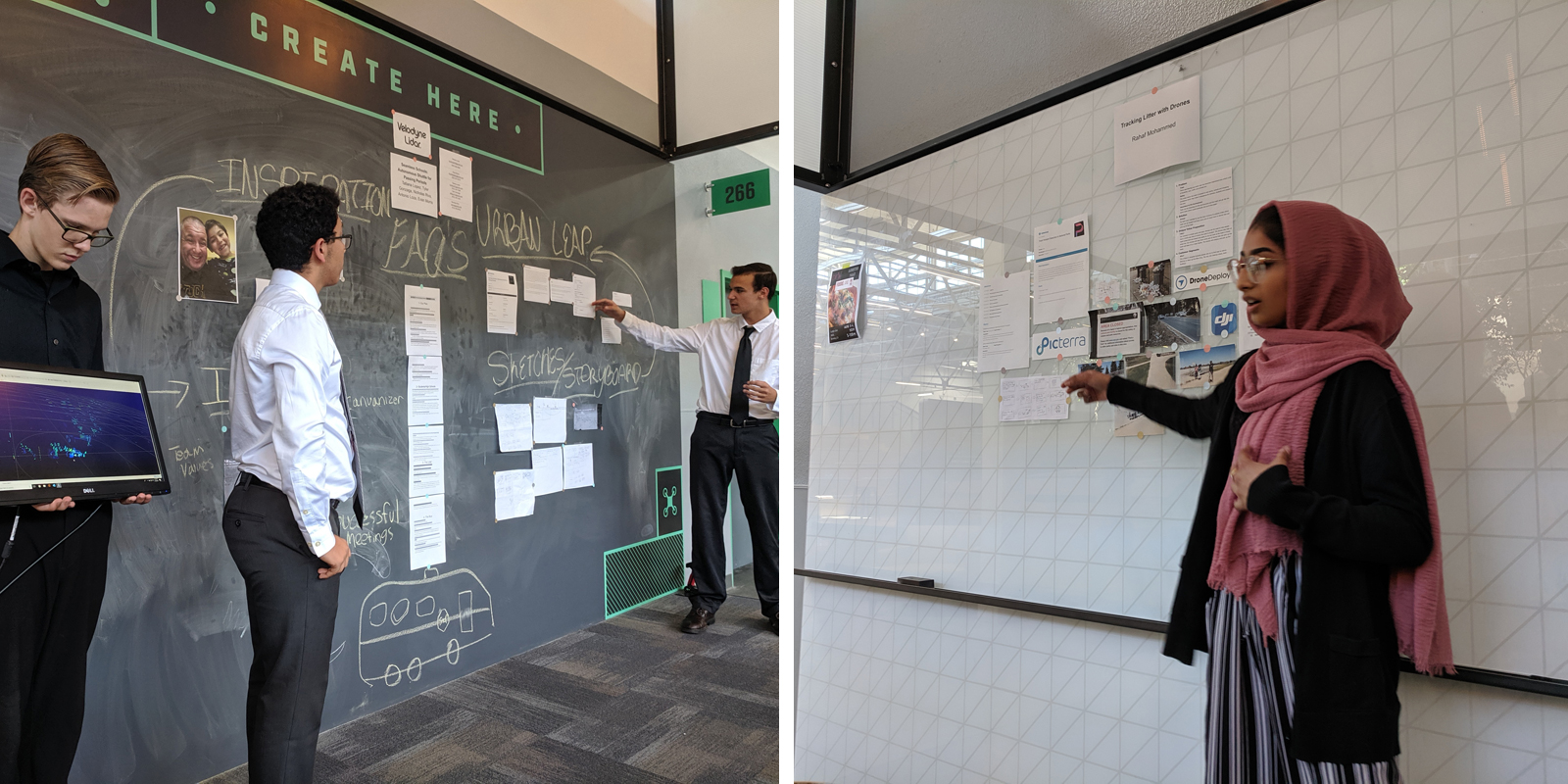 Left: Evan Morris (holding the monitor) and his team present their idea for an autonomous shuttle. Right: Rahaf Mohammed explains her idea for a “Garbage Search Engine.” (Photo Credit: Tony Wan)