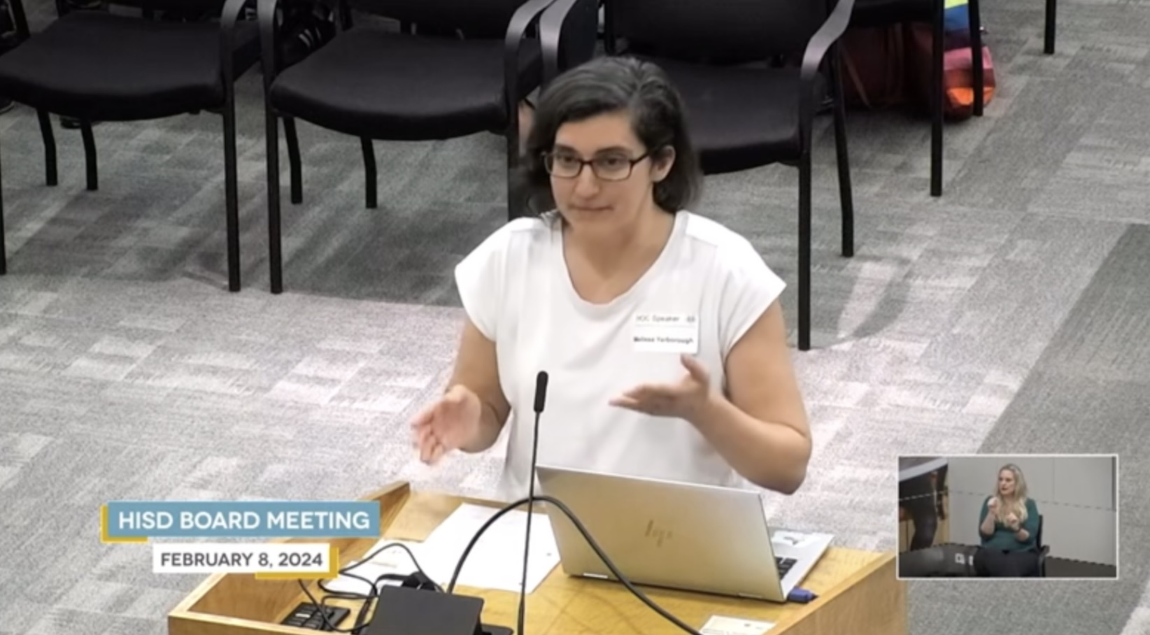 Screenshot of teacher and parent Melissa Yarborough speaking during the public comment portion of a board meeting in February. Video courtesy of Houston ISD.