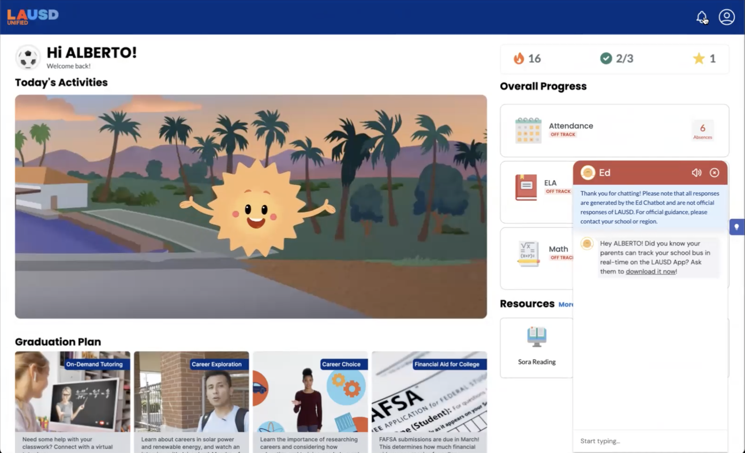 The Ed chatbot, displayed to users as an animated sun, guides students through assignments and extra work for their classes, and can connect to other school resources as well.