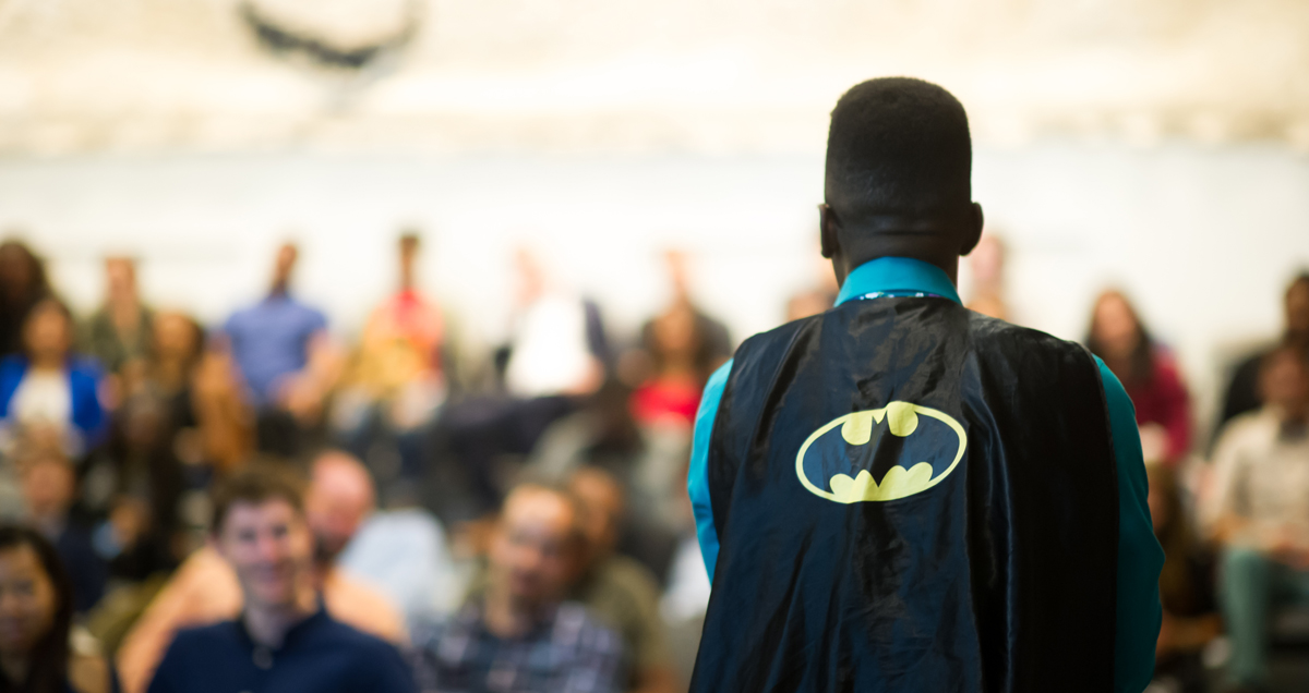 Tony Weaver, founder and CEO of Weird Enough Productions, dons a superhero’s cape (Photo Credit: Chloe Jackman for Camelback Ventures)