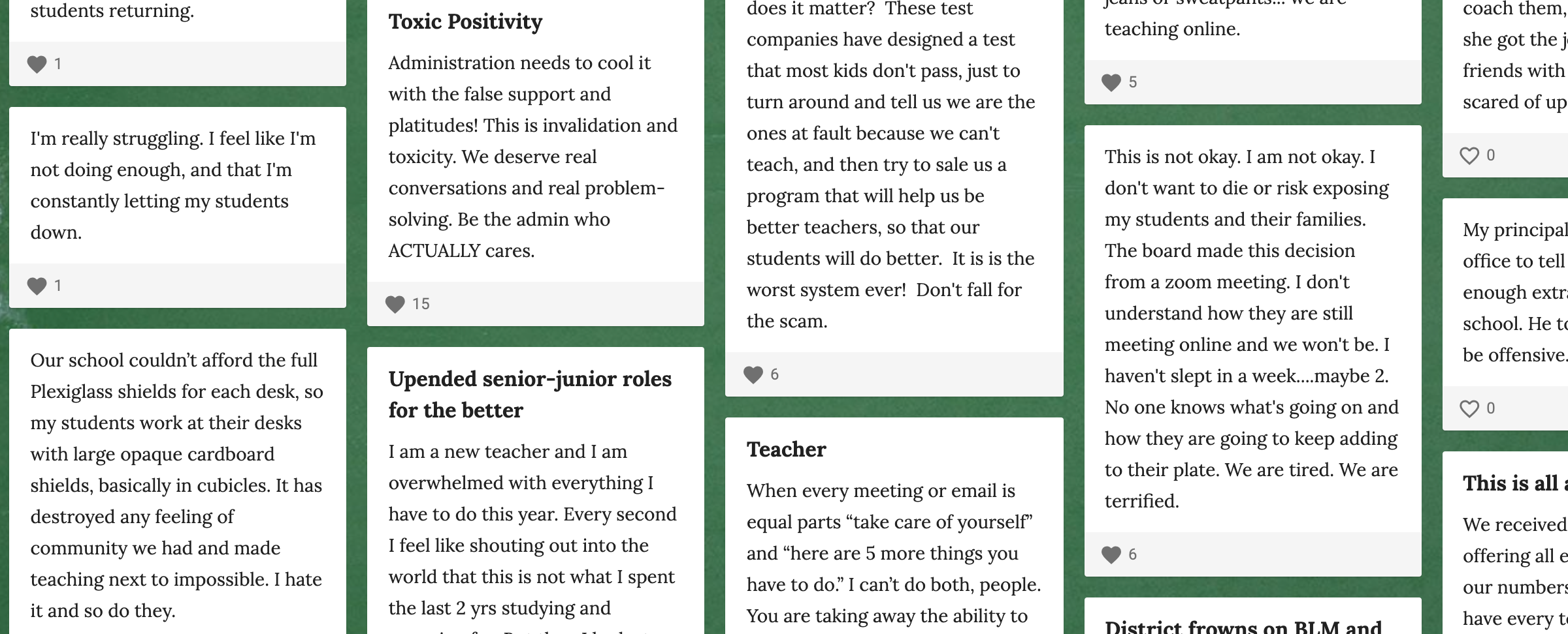 Selections from the Anonymous Teacher Speaks board on Padlet.