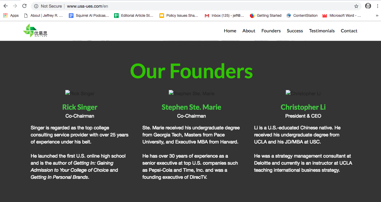 Up until Thursday, the USA-UES website listed Rick Singer as co-chairman. It has since removed all employee names from its site.