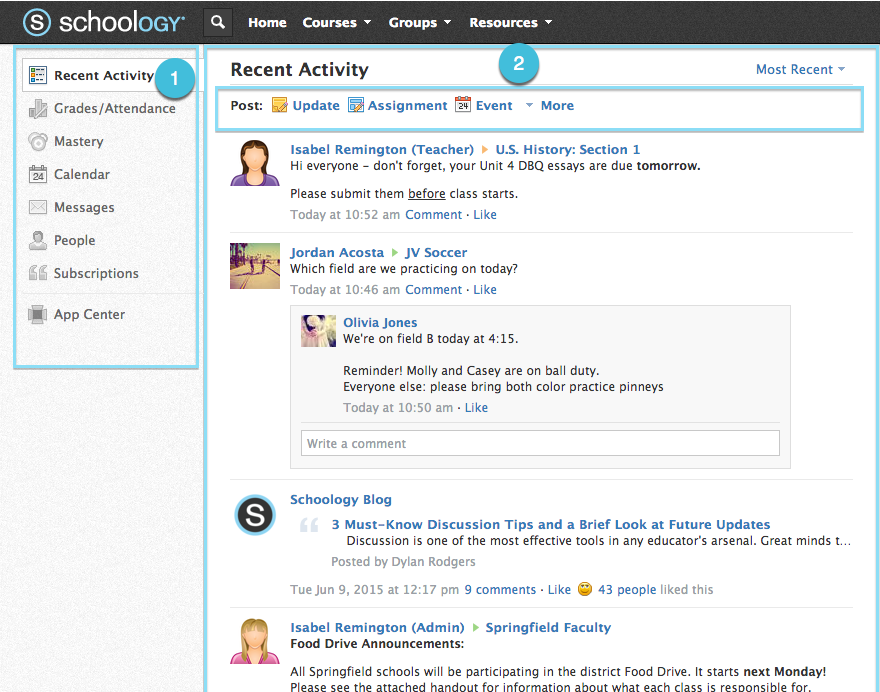 An example of a "narrative stream" on the Schoology LMS platform. Recent activity comes up as various actions take place. (Schoology)