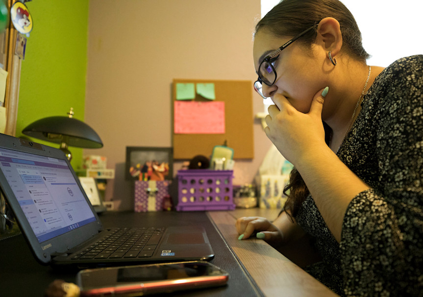 Maytee Guadiana at her desk at home in San Antonio. Photo by Edward A. Ornelas for EdSurge.