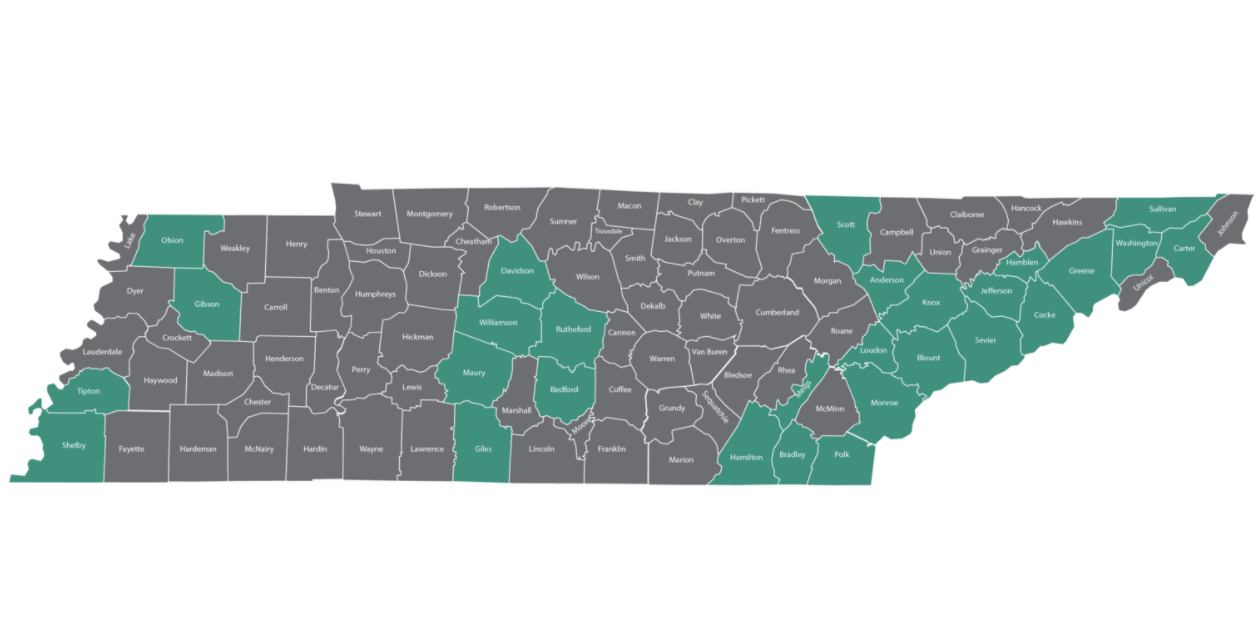 The counties where the Boys & Girls Club has a presence in Tennessee and where, by extension, the Tennessee Tutoring Corps is reaching students this summer. (Credit: TN Tutoring Corps)
