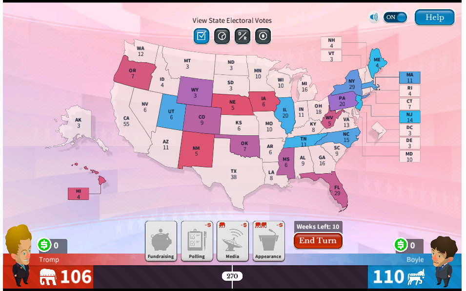 The presidential race between Tromp and Boyle on Win the White House. The game asks players to fundraise, poll, run media campaigns and make appearances as their chosen candidate.