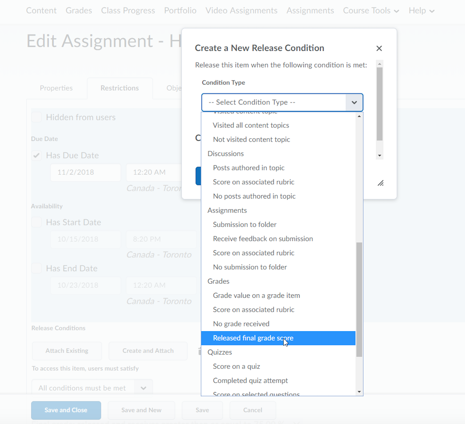 Brightspace Assignment Release Conditions