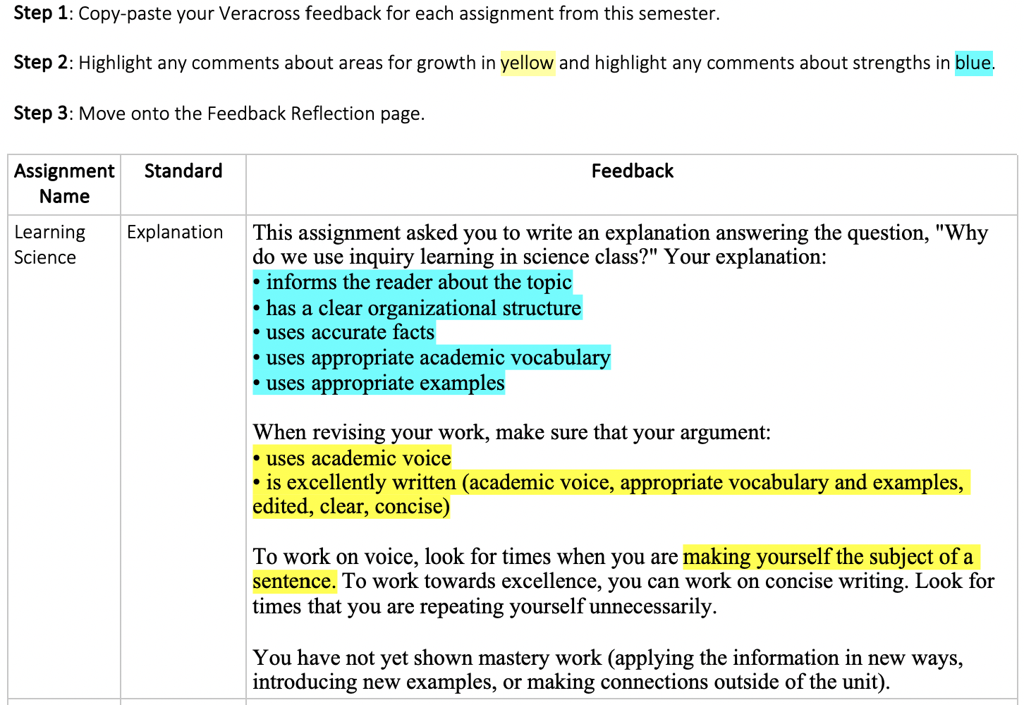 Feedback sample from eighth grader Julia, Image Credit: Christine Witcher
