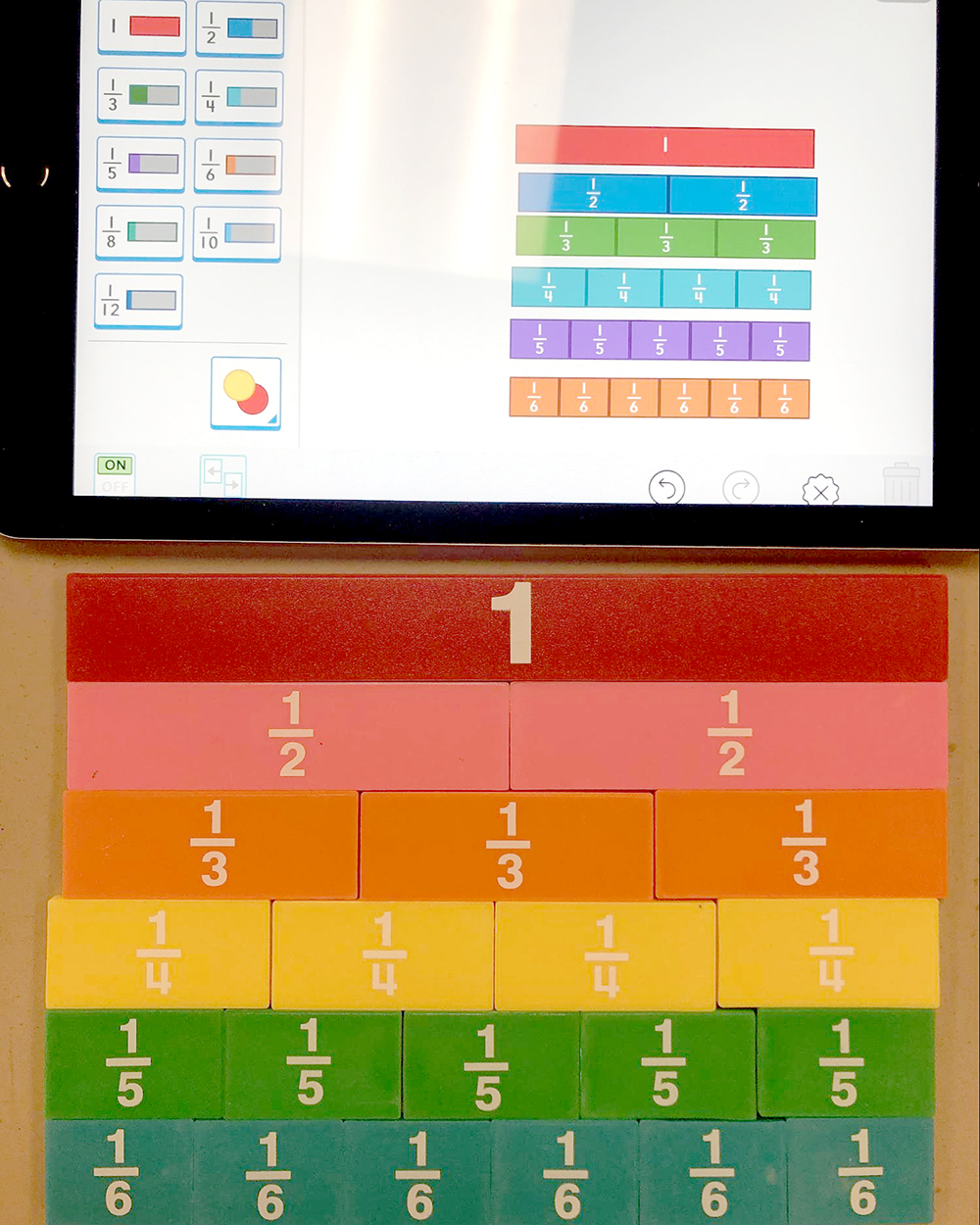 Using physical fraction strips and digital ones to teach our lesson to in-person and remote learners. (Photo credit: Tom Whissinand)
