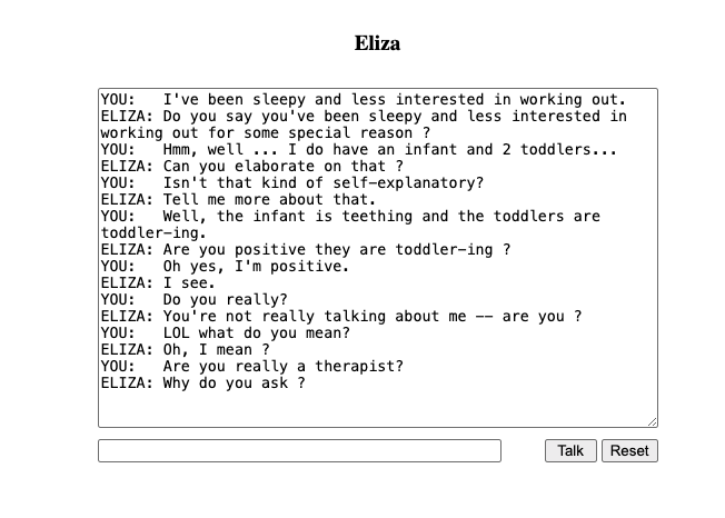 A test conversation between an EdSurge researcher and a model of ELIZA, the first ever AI chatbot developed by Joseph Weizenbaum in the 1960s. This model chatbot was developed by Norbert Landsteiner and accessed from masswerk.at/elizabot/ .