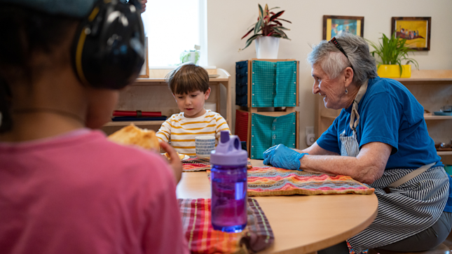 Intergenerational facilities, such as Wesley Homes and Bezos Academy Des Moines, have cognitive and physical health benefits for both children and seniors. Photo by Renata Steiner for Bezos Academy.