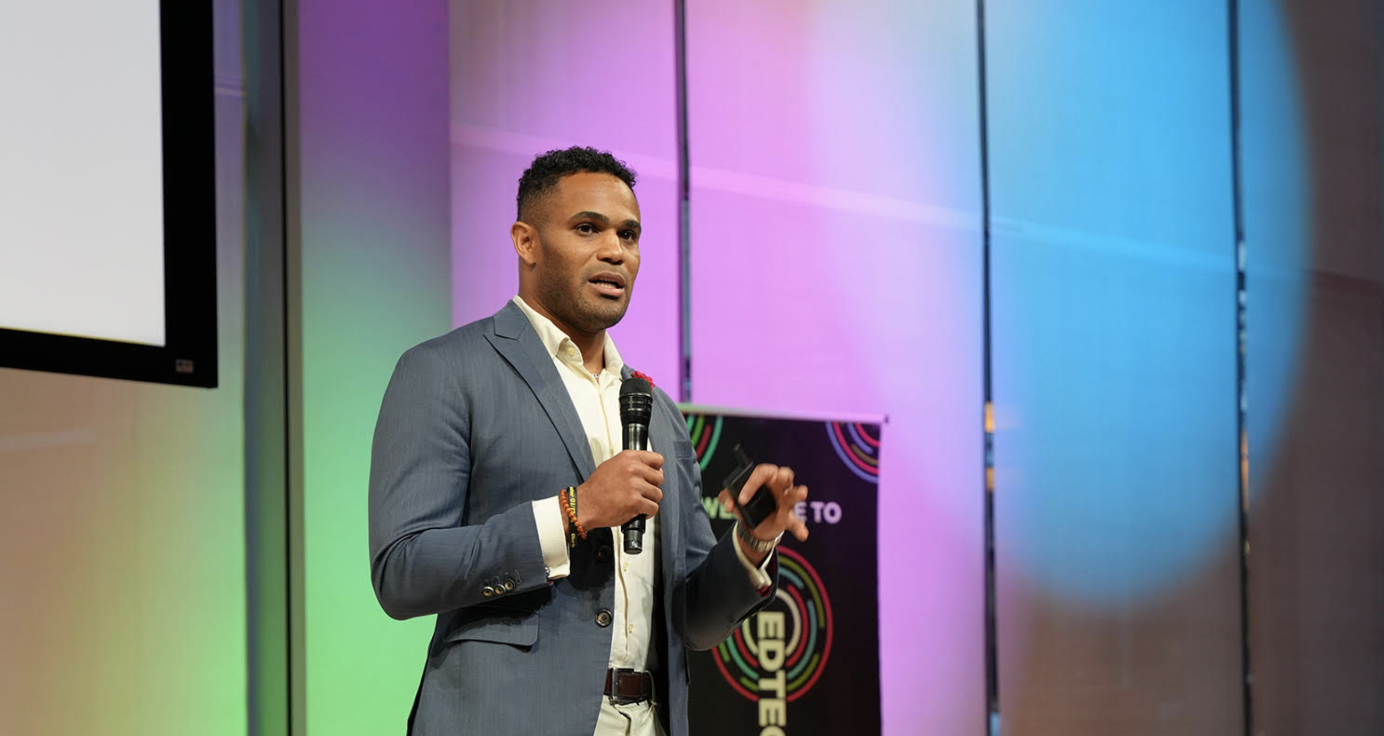 Manny Smith of EdVisorly delivers his final pitch at the 2023 Milken-Penn GSE Education Business Plan Competition in New York City