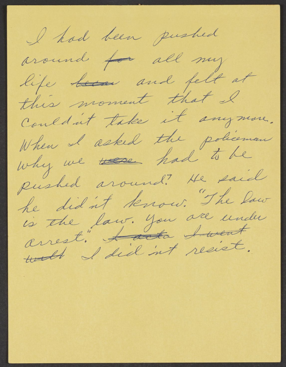 Rosa Parks' written account of her arrest. (Library of Congress)
