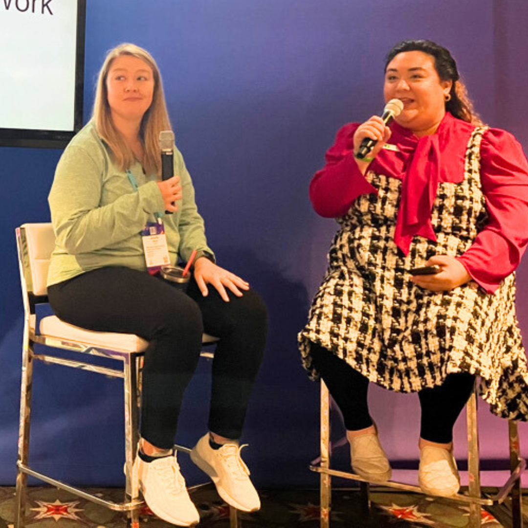 Educator Jen Manly, left, and EdSurge reporter Nadia Tamez-Robledo address the audience during a discussion about the challenges students face while doing group work.