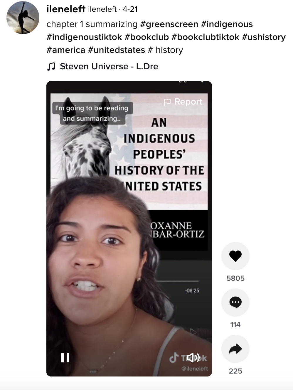 Ilene Valencia's TikTok page features videos summarizing race related topics, including Indigenous history.