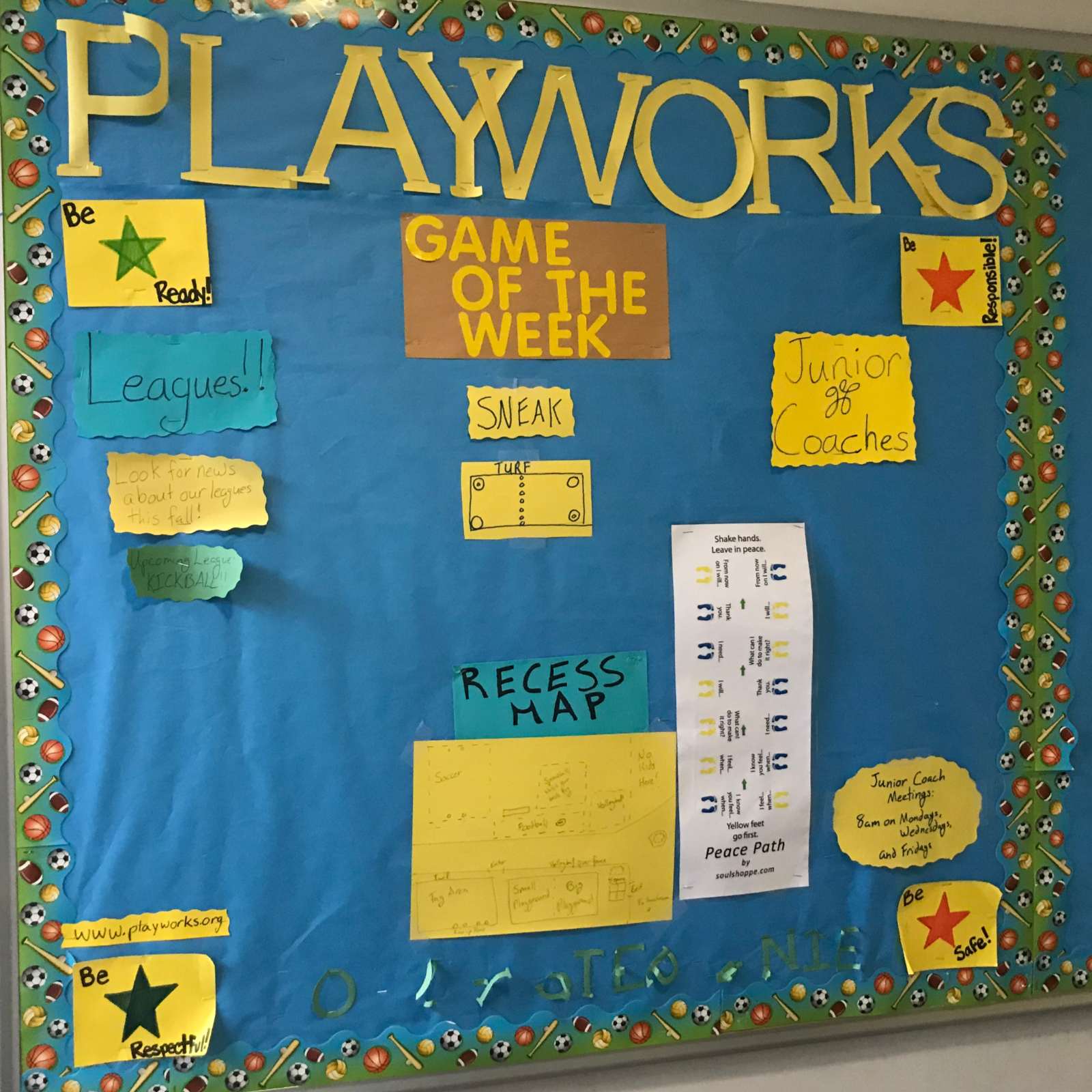 A Playworks-themed bulletin board inside the hallways of Chappell. (Emily Tate / EdSurge)