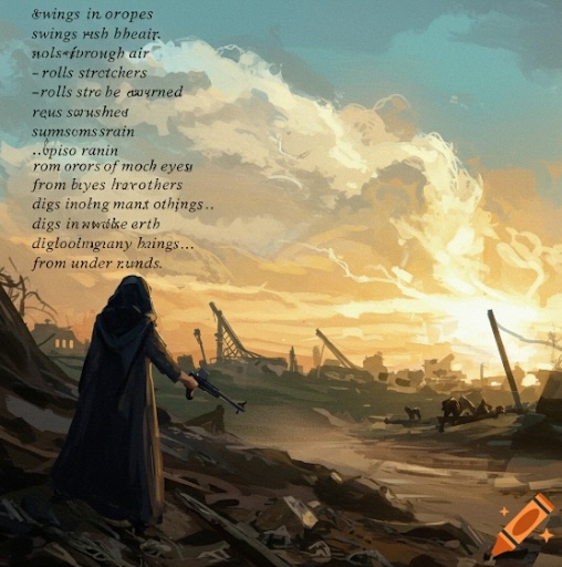 Craiyon generated this image based on lines from Dunya Mikhail’s “The War Works Hard.” The garbled lines show the difficulties of prompting AI with highly metaphoric verse.