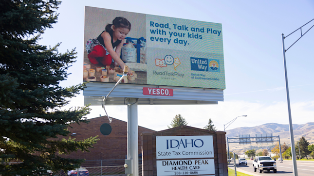 A billboard promotes the “read, talk, play” campaign in Pocatello, Idaho, on Friday, Sept. 29, 2023. Photo by Kyle Green for The Associated Press.