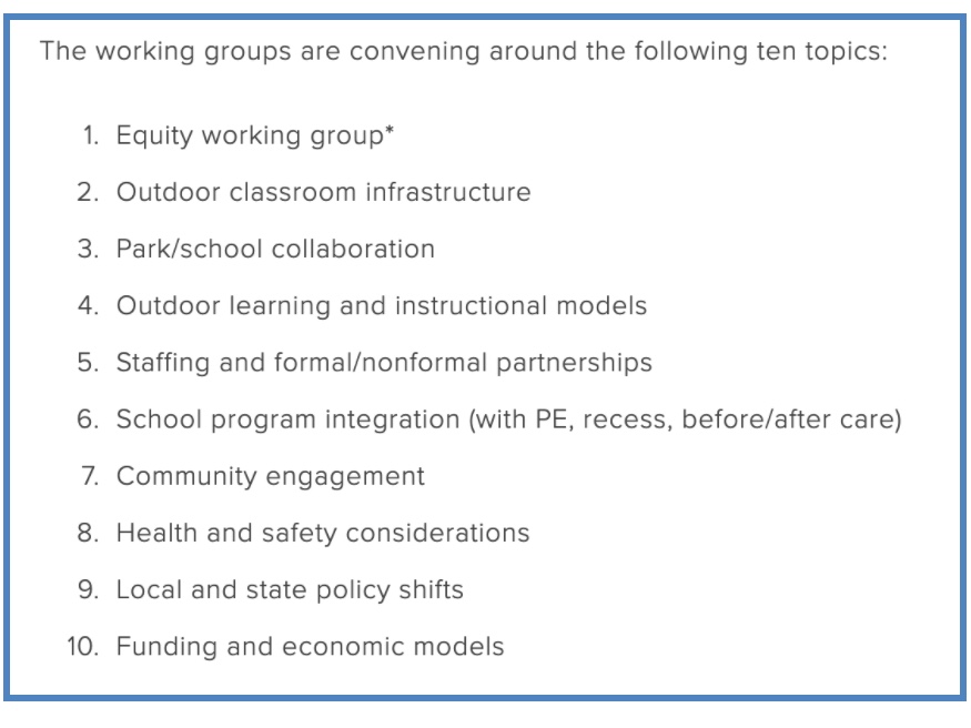 The National COVID-19 Outdoor Learning Initiative's 10 working groups. ( Green Schoolyards America )