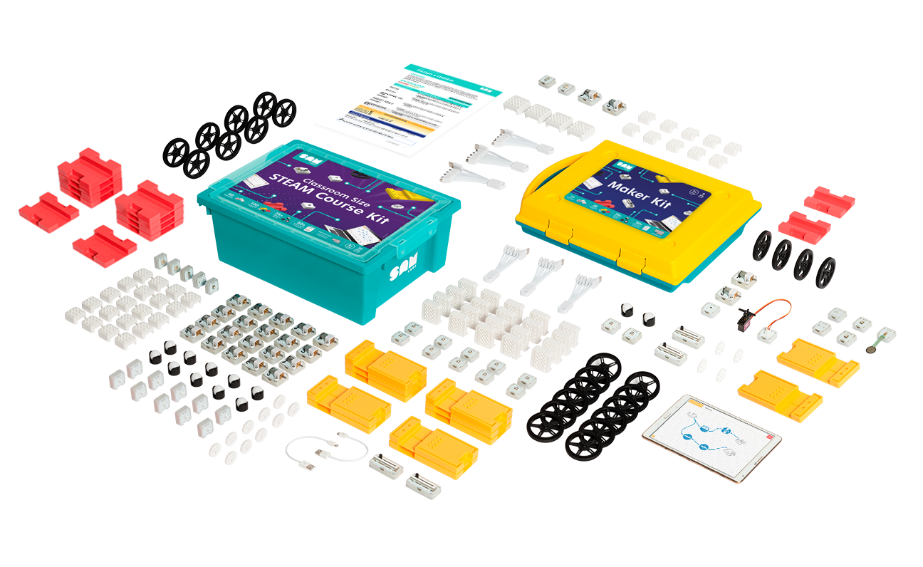 A collection of the products that come in a SAM Labs classroom and maker bundle kit. Photo courtesy of SAM Labs.