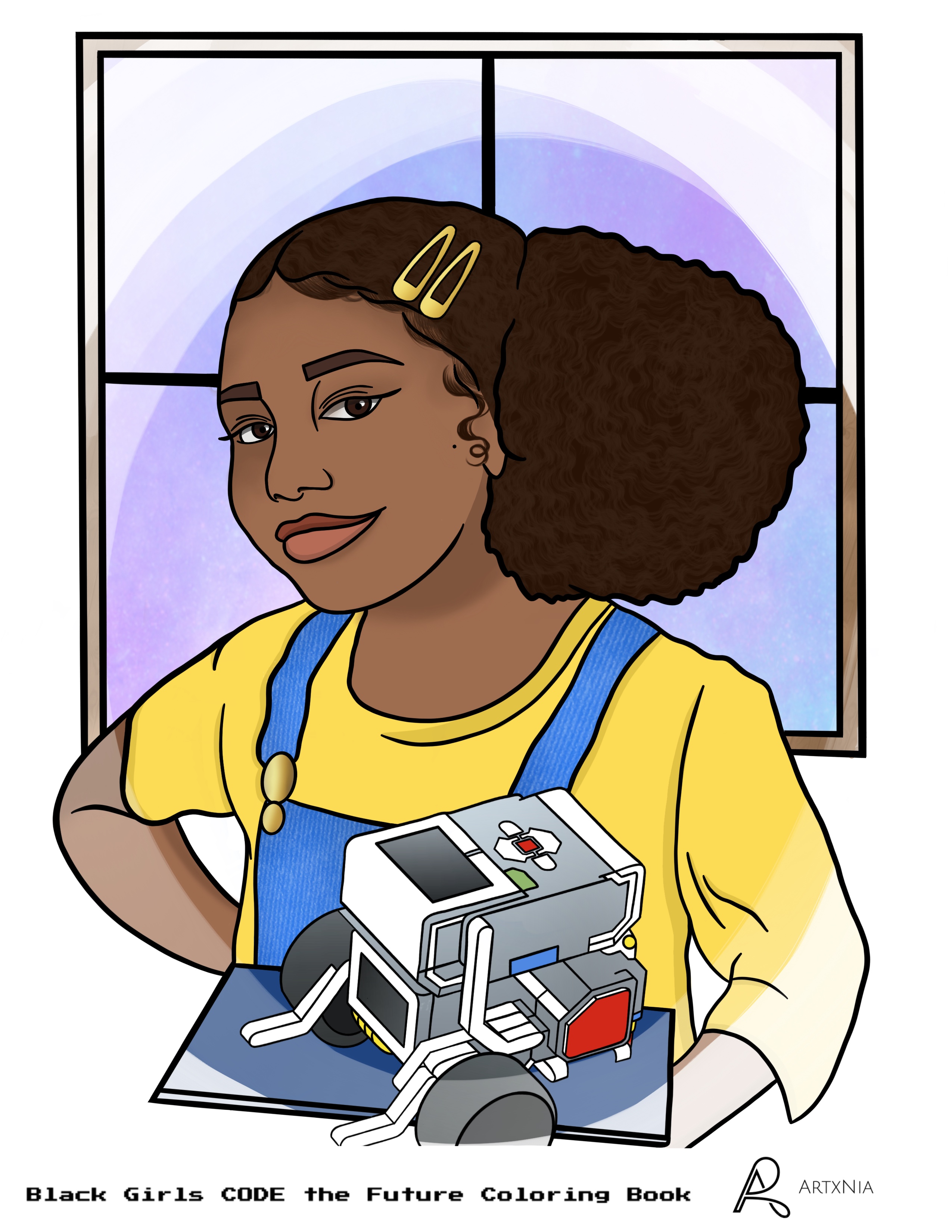 Some of the illustrations in the coloring book show Black girls coding or working on robots. Artwork courtesy of Nia Asemota.