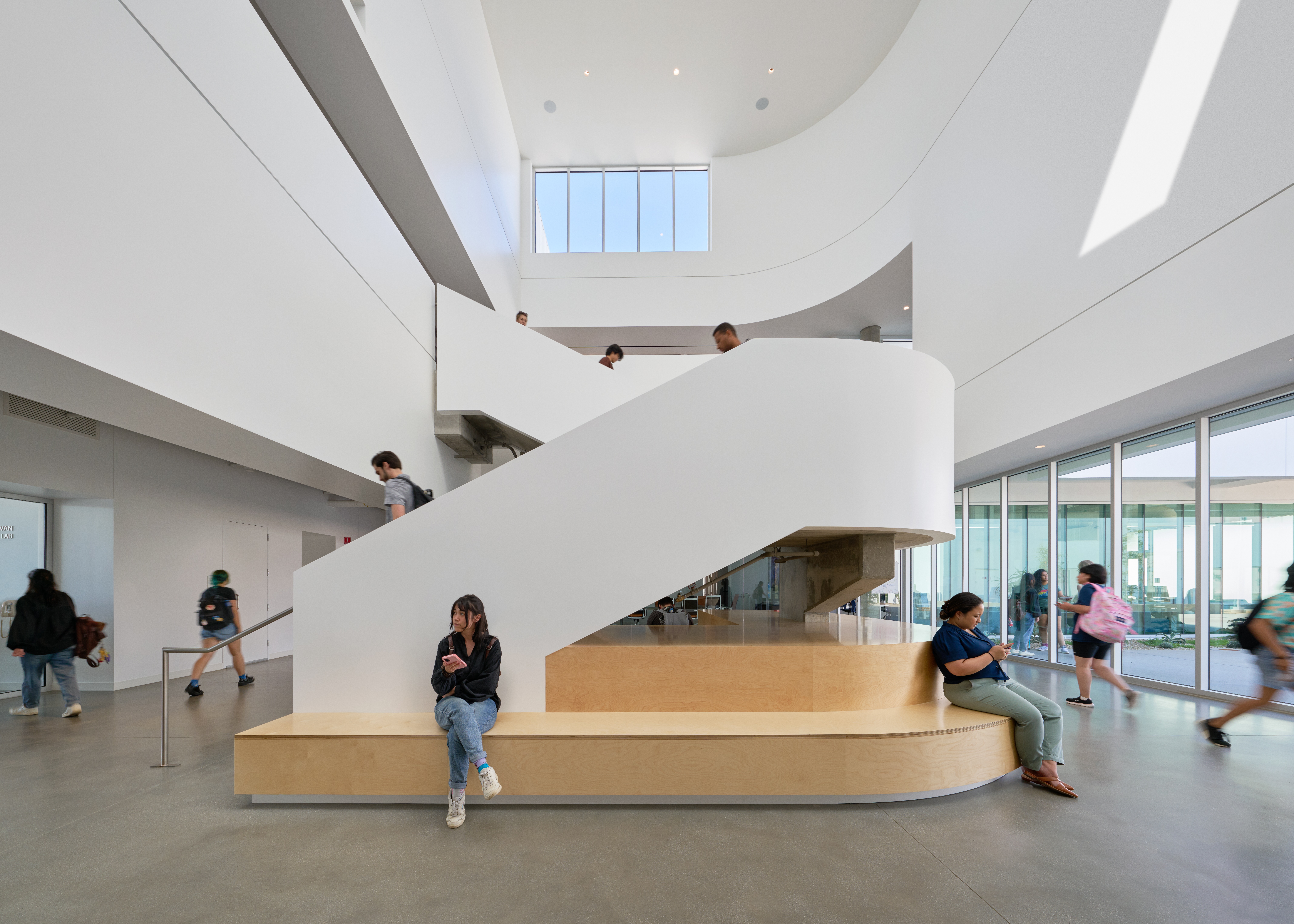 The complex has pleasing communal spaces for students to relax and "just be on campus," says Arnold Holland, dean of the college of arts at Fullerton.