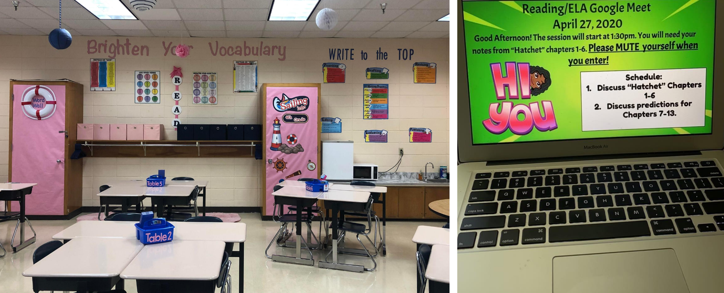 Left: Mikia Frazier’s fourth grade classroom in Hinesville, Ga., Right: The intro slide for a day of remote learning in Frazier’s class. (Courtesy of Mikia Frazier)