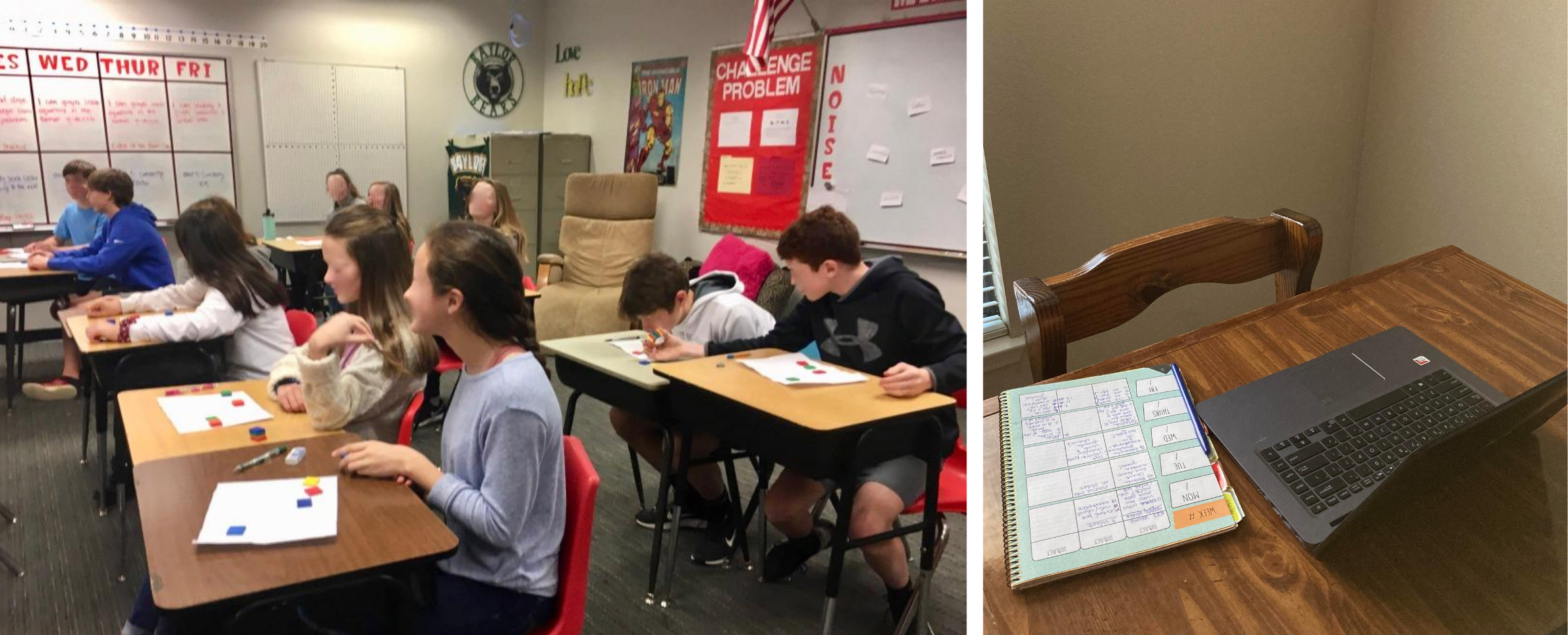 Left: Jamie Wong Baesa's seventh grade math class in Lorena, Texas. Right: The desk area where she taught during remote learning. (Courtesy of Jamie Wong Baesa)