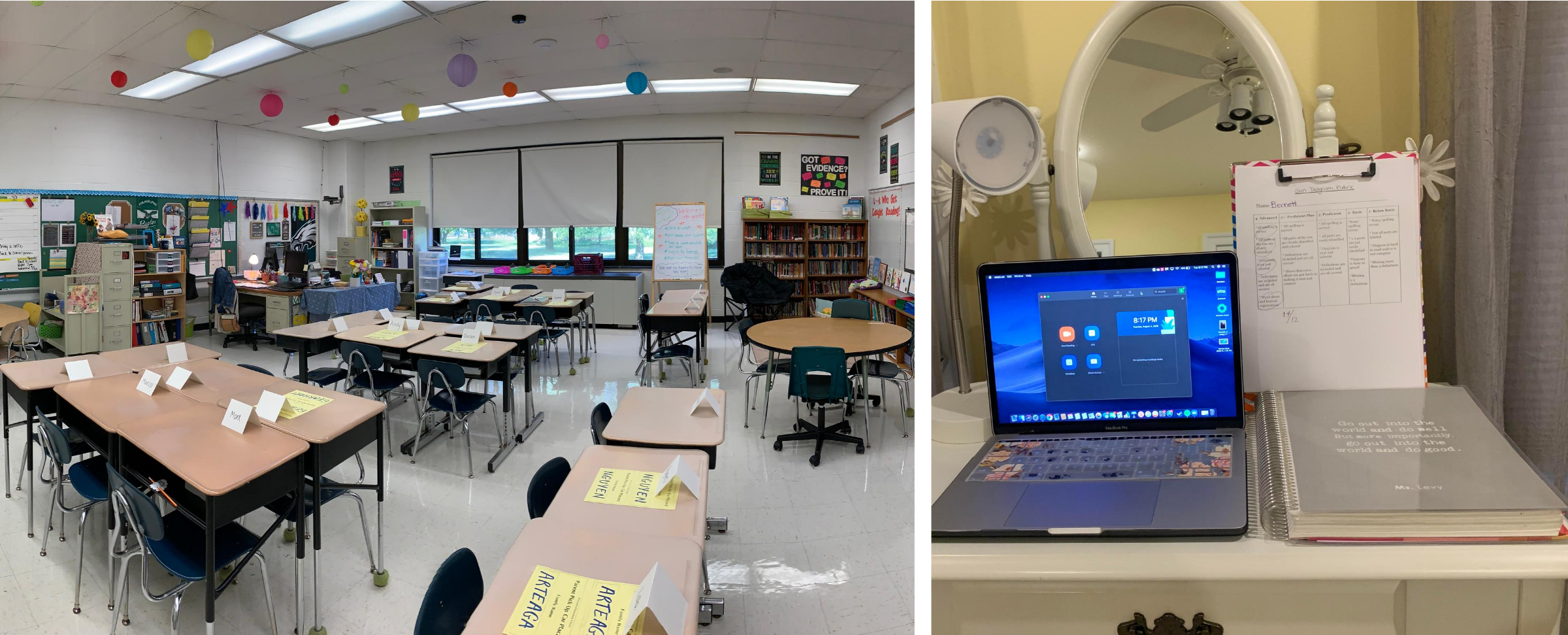 Left: Ashley Levy's sixth grade classroom in Newtown, Pa., before her school closed due to COVID-19. Right: Levy’s remote teaching setup at home. (Courtesy of Ashley Levy)