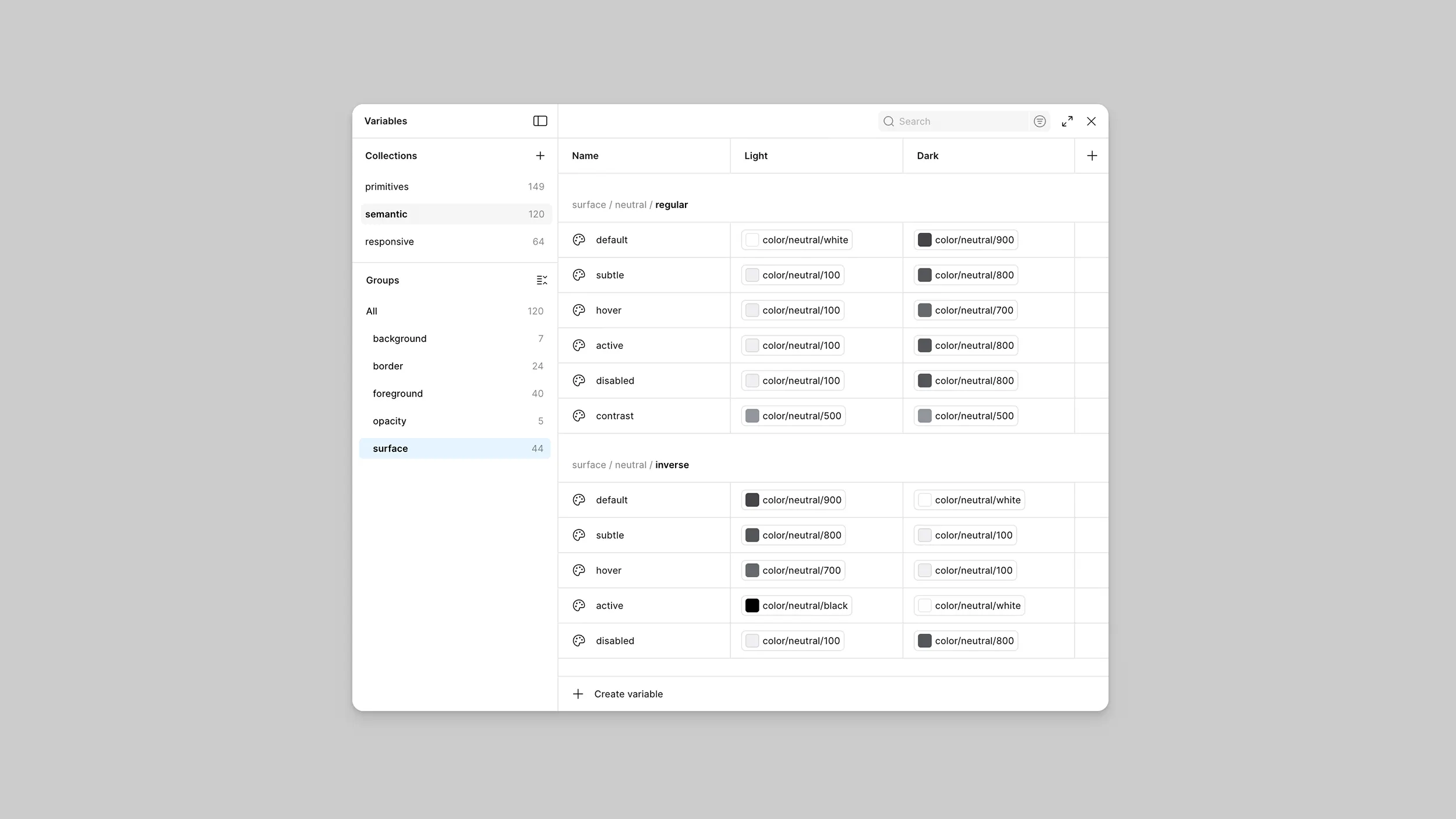 Screenshot of the design system's variable structure, including "primitives", "semantic", and "responsive" collections; and "background", "border", "foreground", "opacity", and "surface" groups.