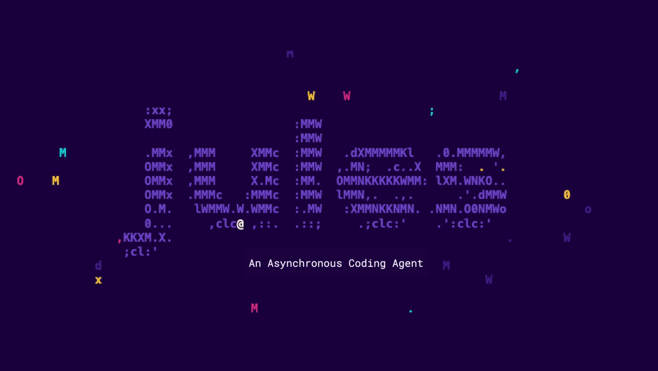 ASCII art of a whale created from text and symbols, set against a dark purple background with scattered colored letters.