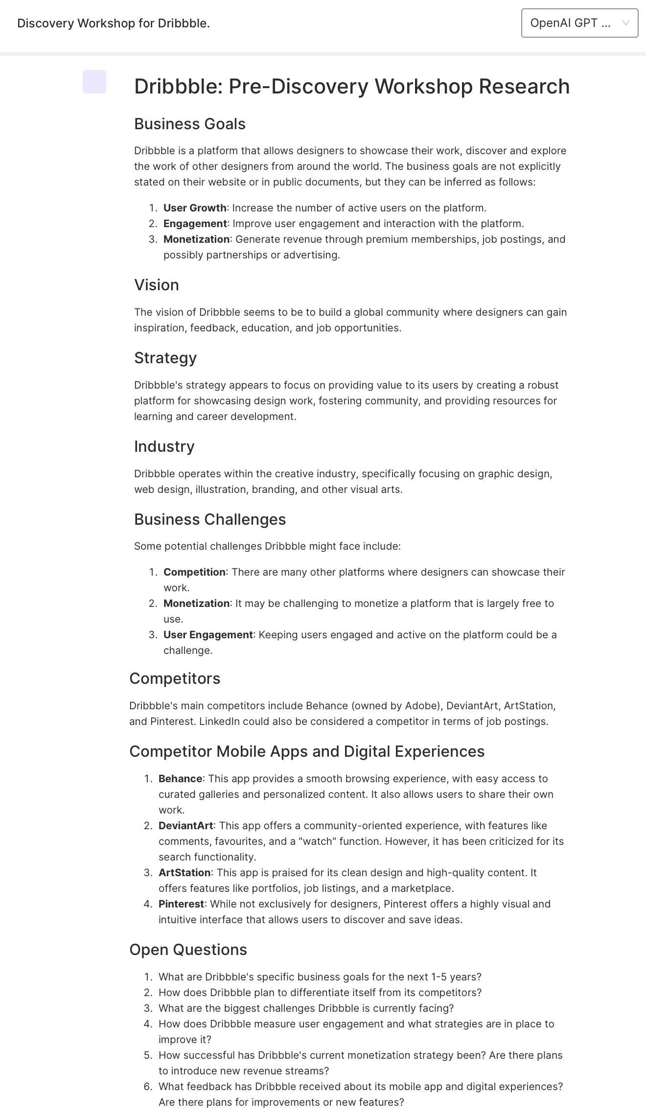 AI-generated research results from an ArcTouch app strategy workshop