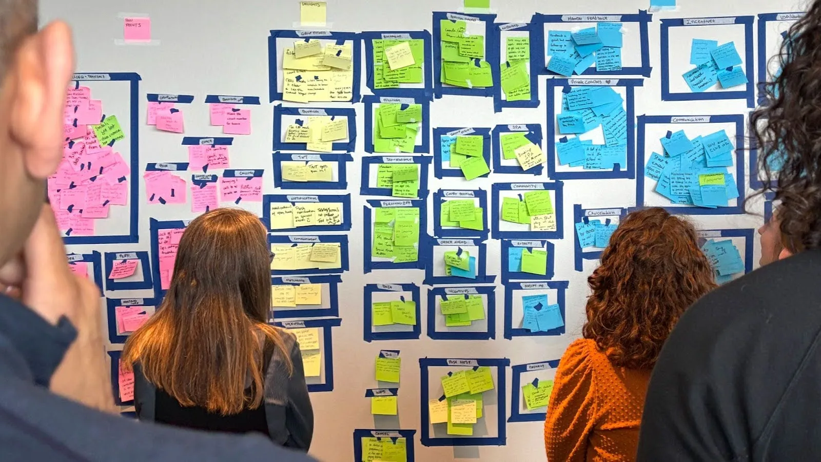 A team stands in front of a wall filled with sticky notes in several colors.