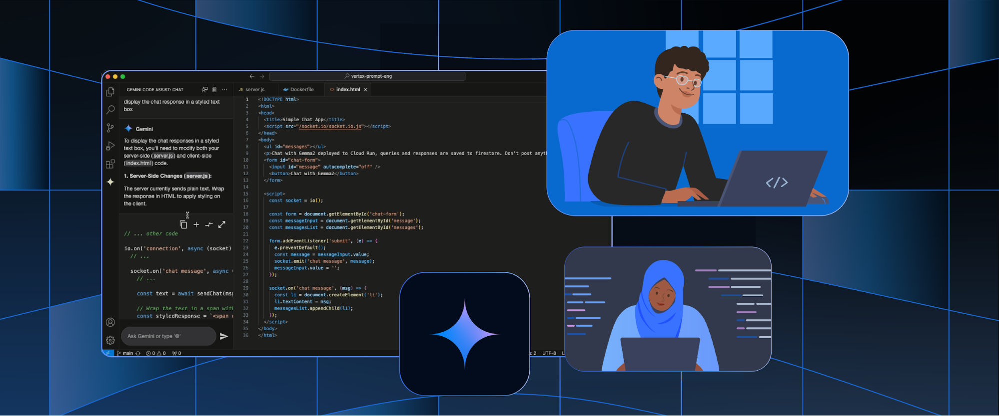 A code editor window is displayed alongside illustrations of two people using laptops and a star-shaped icon on a blue, grid-like background.