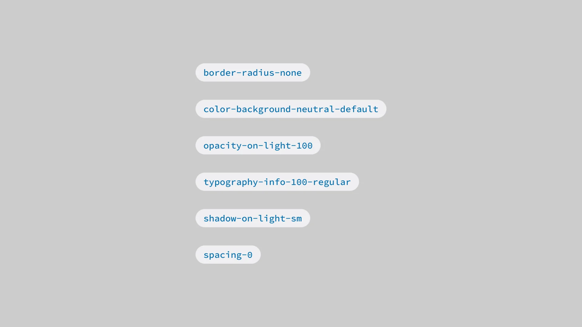 Screenshot of a list of UI design token names on a light gray background. The text for each element reads "border-radius-none"; "color-background-neutral-default"; "opacity-on-light-100"; "typography-info-100-regular"; "shadow-on-light-sm"; "spacing-0"
