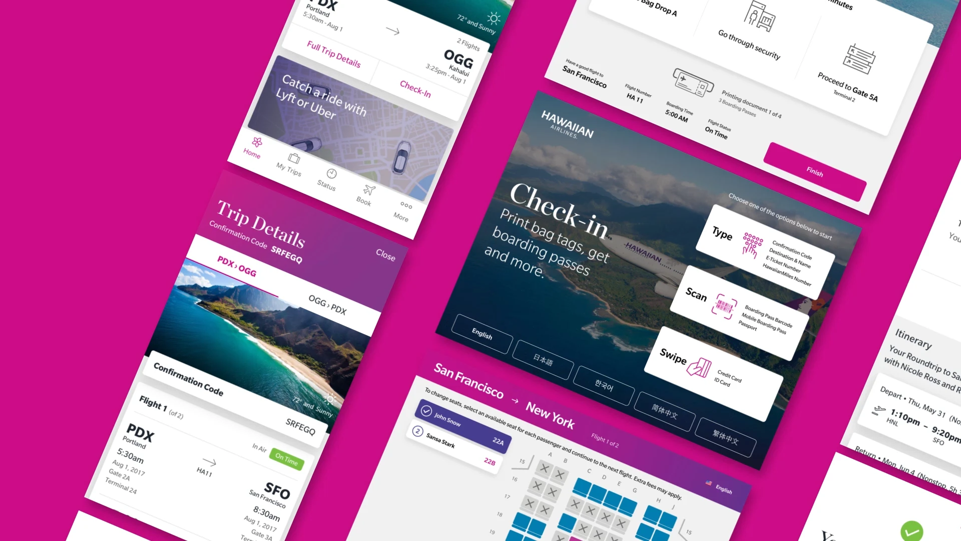 Screenshots of the Hawaiian Airlines app, developed by ArcTouch