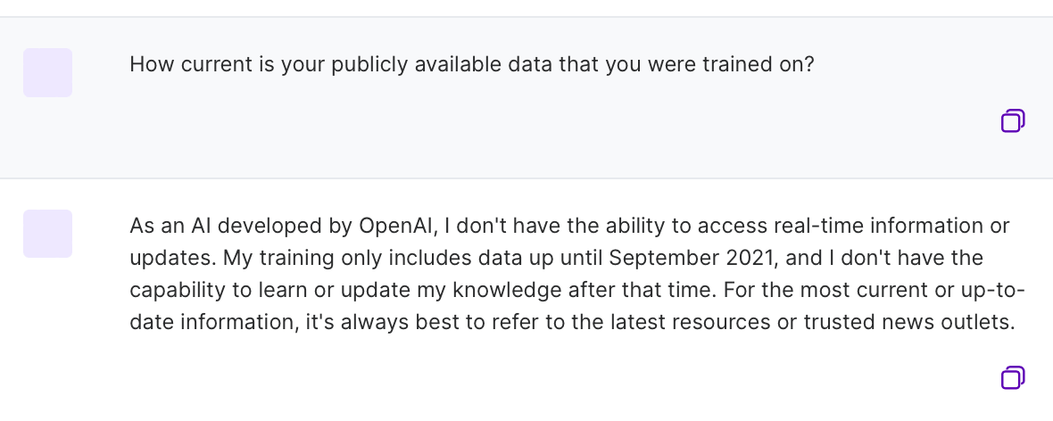 AI prompt asking for the training date with a response of September 2021