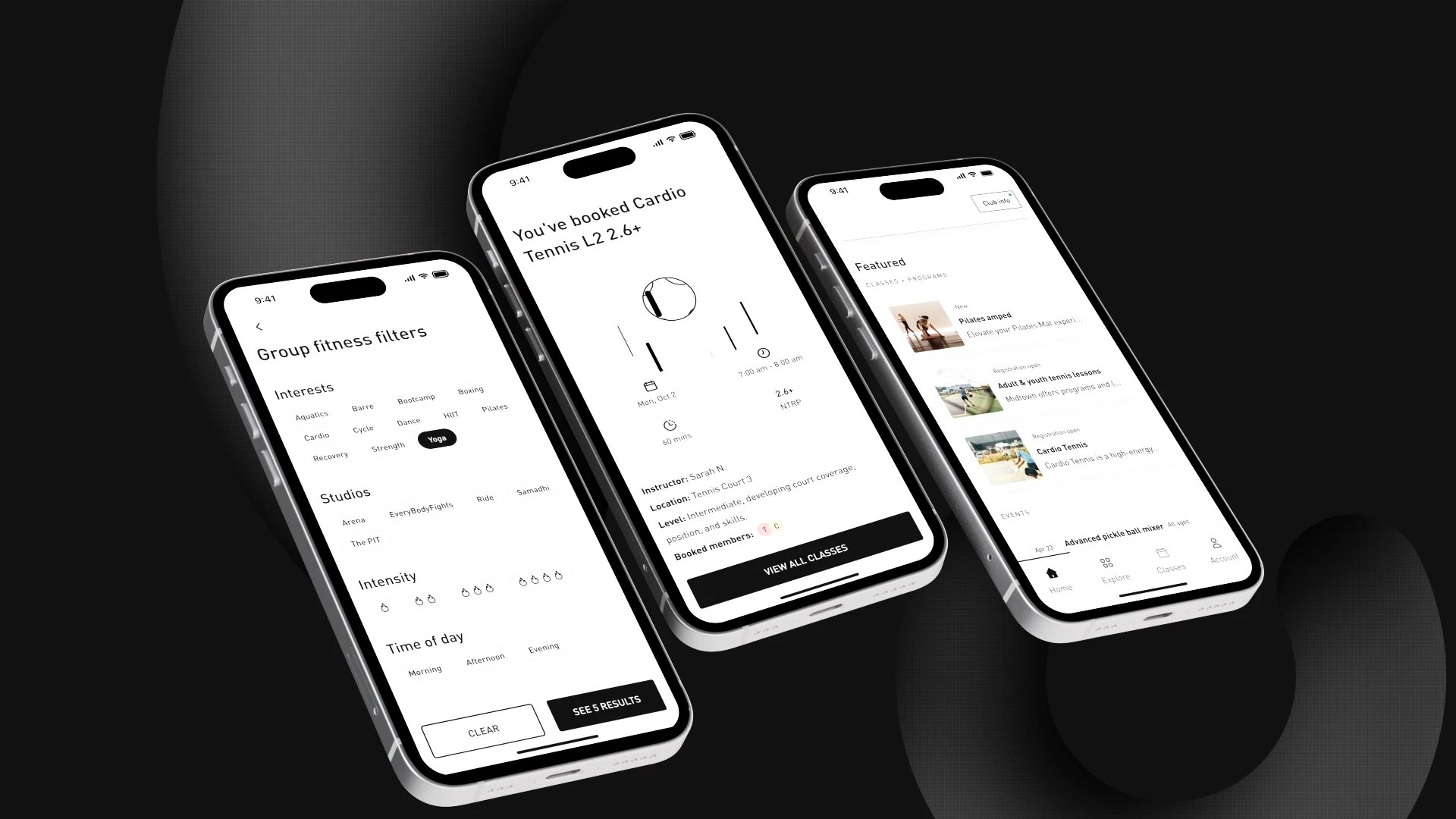 Three iPhones displaying screens from the Midtown Athletic Club app, developed by ArcTouch