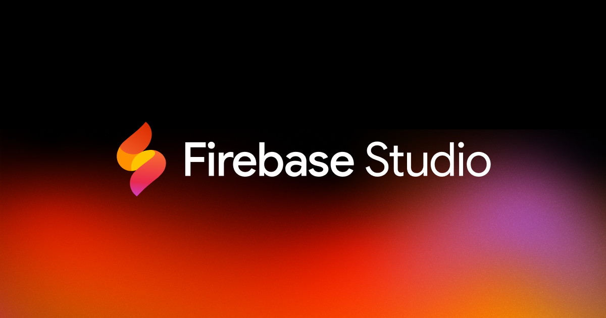 Firebase Studio logo with stylized F icon and white text on a black background, fading into a gradient of red, orange, and purple at the bottom.