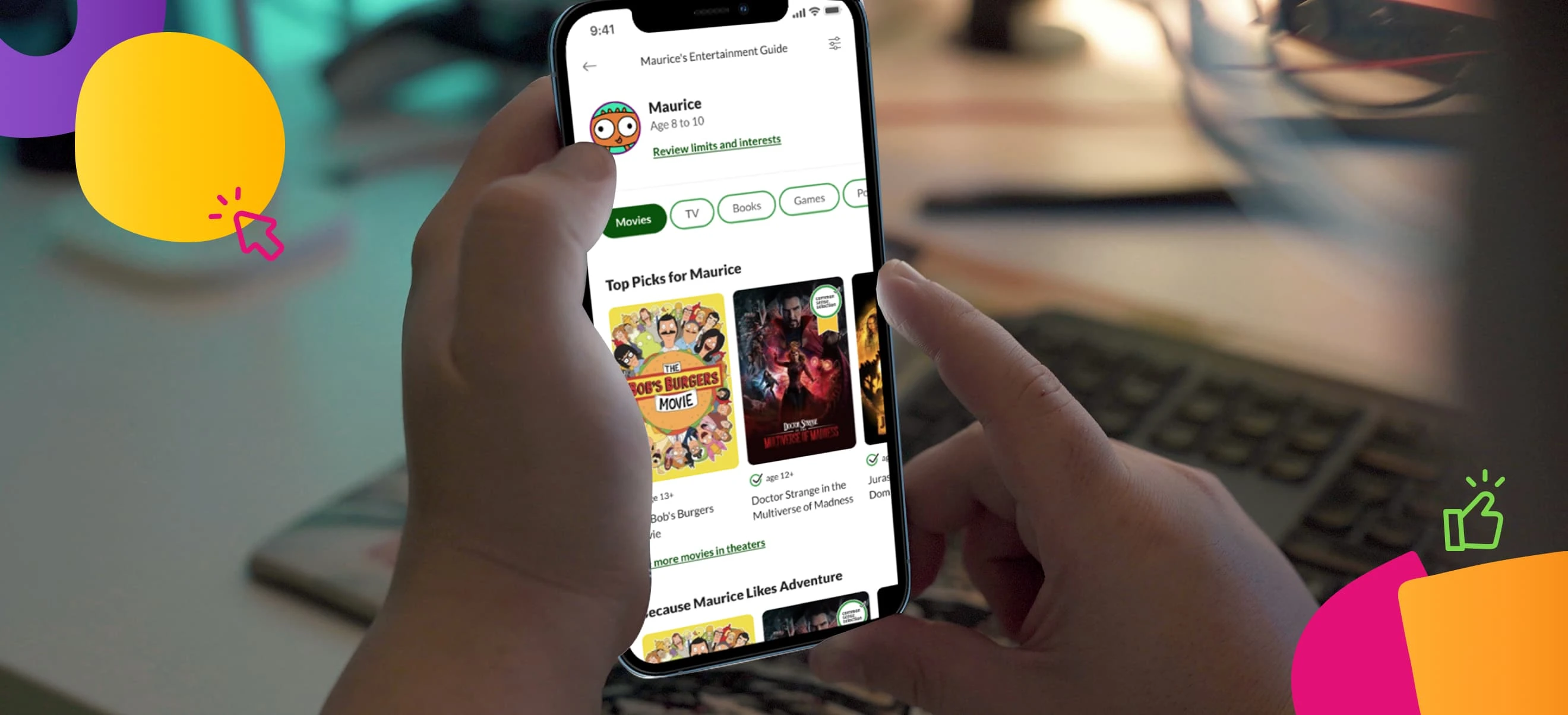 Two hands hold a smartphone displaying the Common Sense Media app, developed by ArcTouch