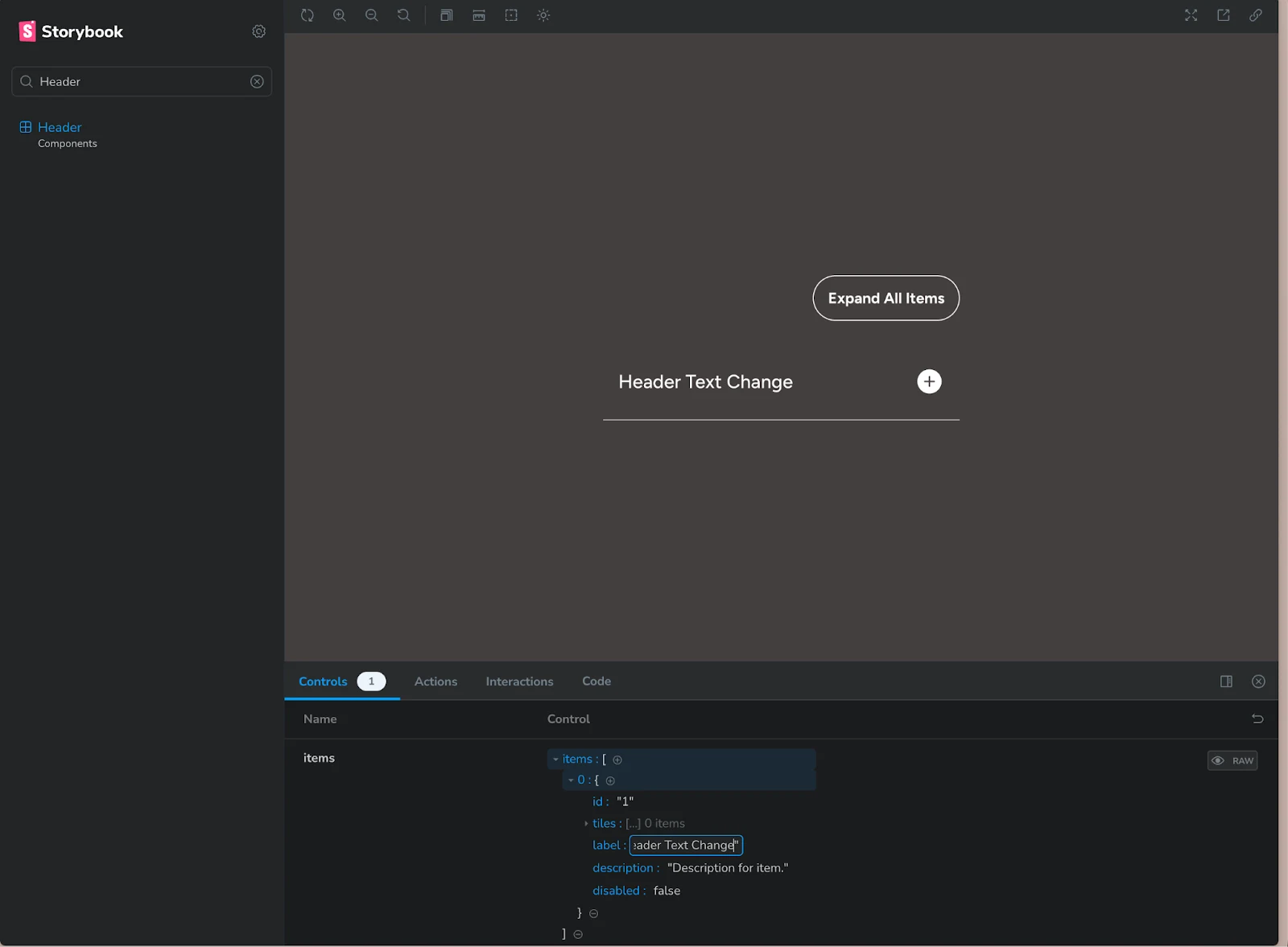 Screenshot showcasing a component's header text on-the-fly update using Storybook’s interactive controls.