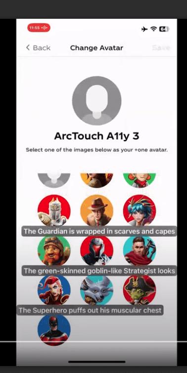 A mobile app screen titled “Change avatar” displays a collection of selectable avatar illustrations. The accessible names of each avatar are displayed but are so long that they overlap and collide with each other, making the content harder to navigate and select by voice.